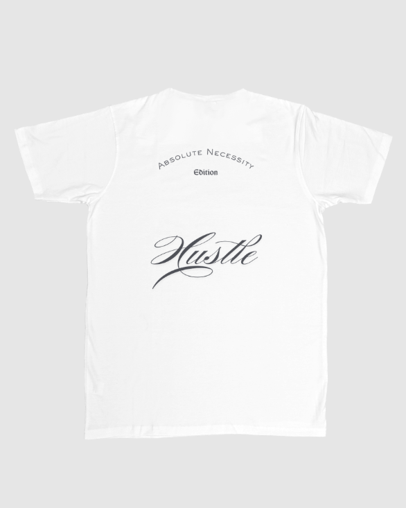 Back side of FBGM T-shirt written (Absolute necessity) Hustle Edition