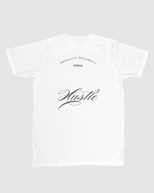 Back side of FBGM T-shirt written (Absolute necessity) Hustle Edition